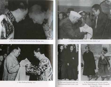 
Upper left: Dalai Lama and Panchen Lama, Beijing, 1954. Lower left: Mao and Panchen Lama, Beijing, 1954. Upper right: Nehru and Panchen Lama, India, 1956. Lower Right, left: Panchen Lama and Dalai Lama, 1956. Lower Right, right: Dalai Lama leaving Tibet, 1959.
